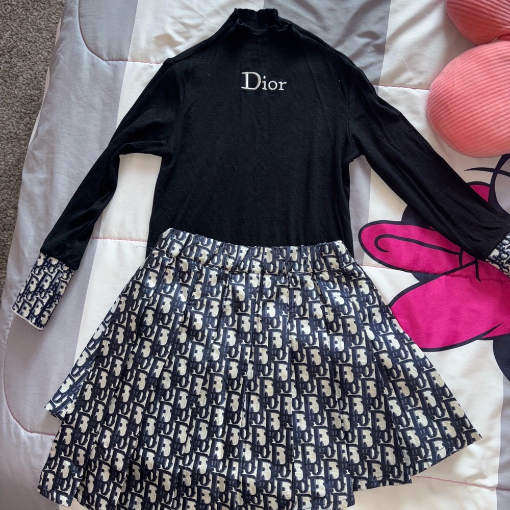 Navy and white  Monogram kids  top and  Skirt set .